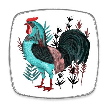 Türkisfarbener Hahn im Pflanzendesign - Viereckiger Kühlschrankmagnet - Weiß - Vorne