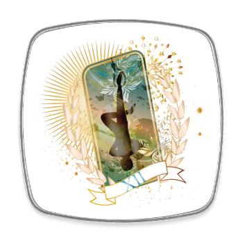 kunstvoll gestaltete Tarot Karte Der Gehängte - Viereckiger Kühlschrankmagnet - Weiß - Vorne