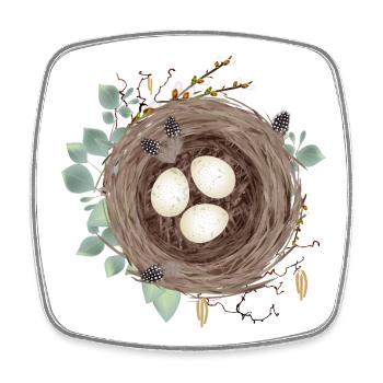 Bird's nest or Easter nest with three eggs and feathers - Square fridge magnet - white - Front