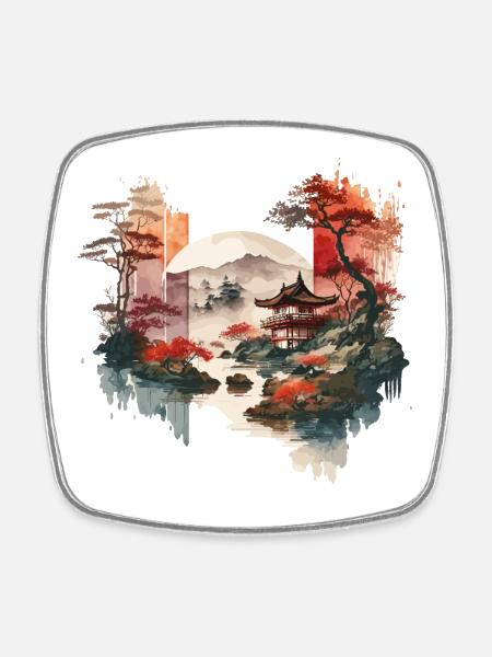 Aquarelle Paysage japonais - Magnet carré - blanc