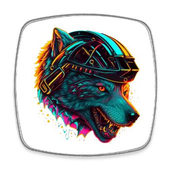 Loup Neon Casque Futuriste - Magnet carré - blanc - Devant