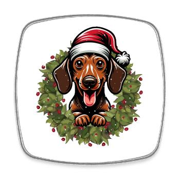 Teckel avec chapeau de Père Noël - chemise de vacances - Magnet carré - blanc - Devant