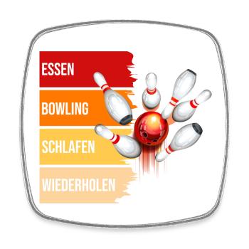 Essen - Bowling - Schlafen - Wiederholen - Viereckiger Kühlschrankmagnet - Weiß - Vorne