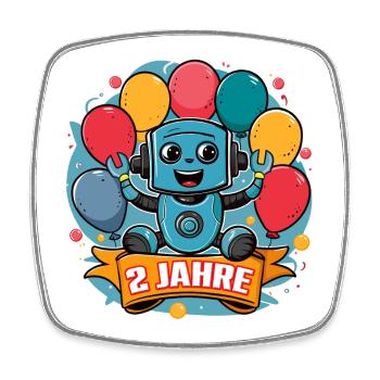 2 Jahre Kleiner Roboter mit bunten Luftballons - Viereckiger Kühlschrankmagnet - Weiß - Vorne