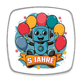 5 Jahre Kleiner Roboter mit bunten Luftballons - Viereckiger Kühlschrankmagnet - Weiß - Vorne