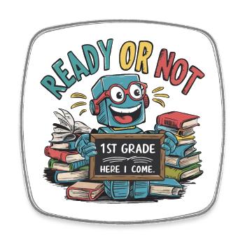 First day of school for small robots - Square fridge magnet - white - Front