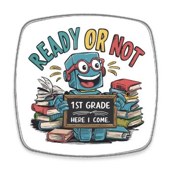 First day of school for small robots - Square fridge magnet - white - Front