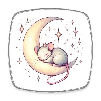 souris endormie paisiblement, sur un croissant de lune - Magnet carré - blanc - Devant