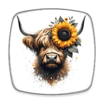 Hochlandrind mit Sonnenblume - Berührung der Natur - Viereckiger Kühlschrankmagnet - Weiß - Vorne