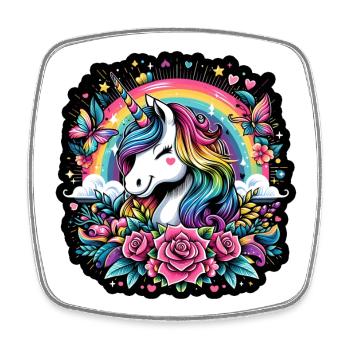 Regenbogen-Einhorn zwischen Rosen und Schmetterlingen - Viereckiger Kühlschrankmagnet - Weiß - Vorne