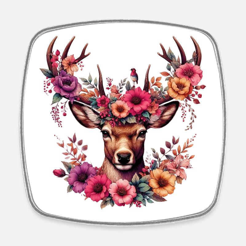 Hirsch mit Blumen - Viereckiger Kühlschrankmagnet - Weiß