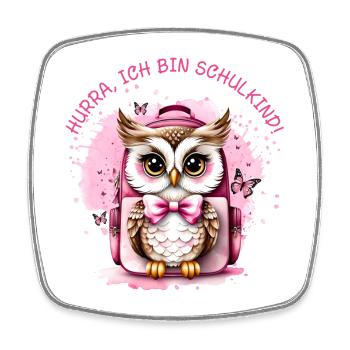 Owl satchel pink - Hooray I'm a schoolchild - Square fridge magnet - white - Front