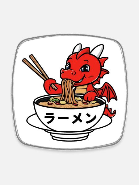 Cute dragon enjoying Japanese ramen - Square fridge magnet - white