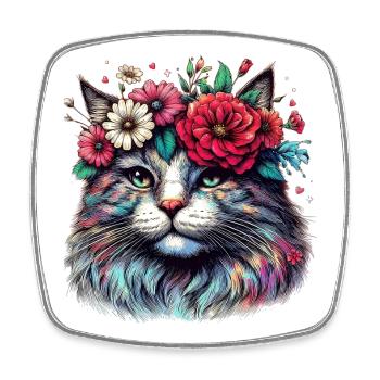 Katze mit Blumen - Viereckiger Kühlschrankmagnet - Weiß - Vorne