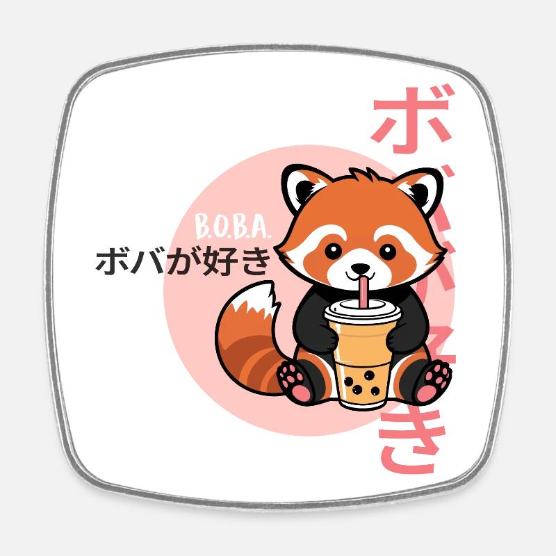 Red Panda Loves Bubble Tea – Kawaii Boba Design - Square fridge magnet - white