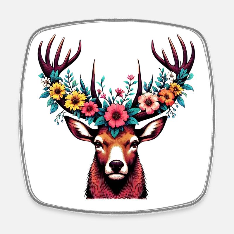 Cerf avec des fleurs - Magnet carré - blanc