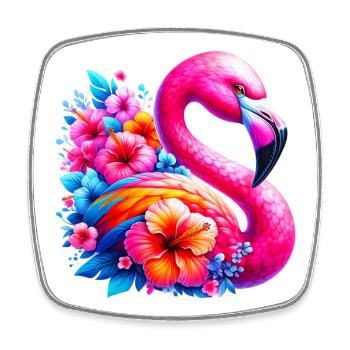Flamingo verziert mit Hibiskusblüten - Viereckiger Kühlschrankmagnet - Weiß - Vorne