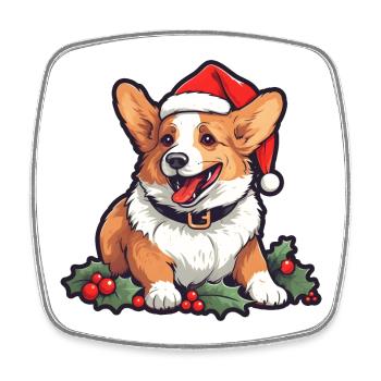 Christmas Happy Corgi in Nikolausmütze mit Stechpalme - Viereckiger Kühlschrankmagnet - Weiß - Vorne