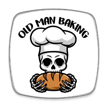 Funny Baker Skull with Bread. Old man bakes - Square fridge magnet - white - Front