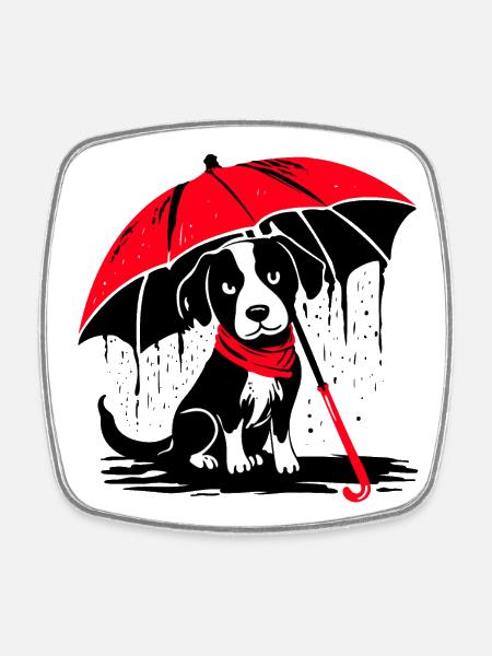Dog with umbrella - bad weather - Square fridge magnet - white