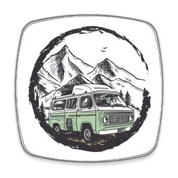 Retro Camper in Mountain Circle - Square fridge magnet - white - Front