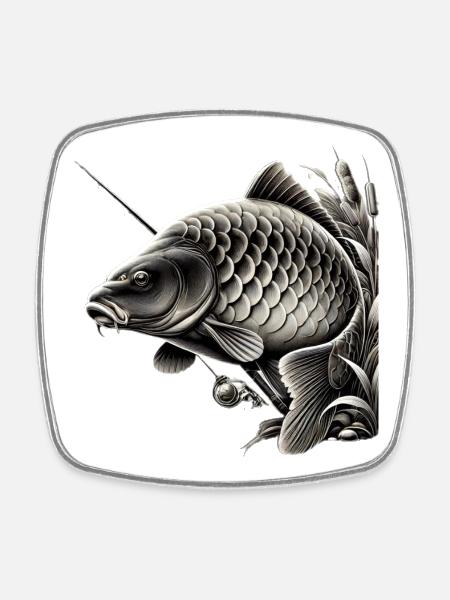 Detailed black and white carp illustration - Square fridge magnet - white