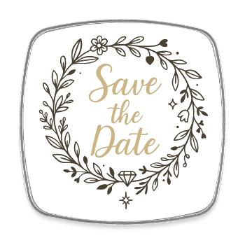 Save the Date Kranz mit Diamant – Hochzeit 2025 - Viereckiger Kühlschrankmagnet - Weiß - Vorne