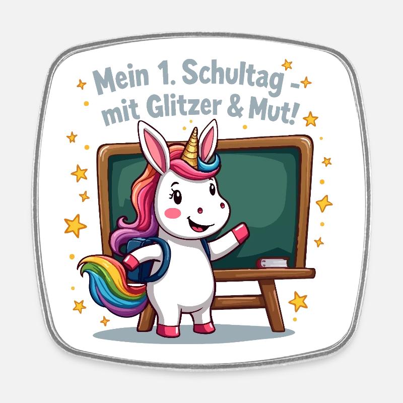School Unicorn – 1st Grade with Glitter Start - Square fridge magnet - white