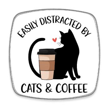 Leicht durch Katzen und Kaffee ablenkbar - Viereckiger Kühlschrankmagnet - Weiß - Vorne