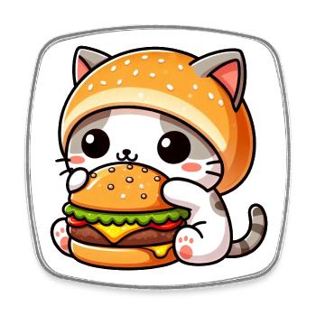 Cute Cat Cartoon with Burger Fast Food Lover - Square fridge magnet - white - Front