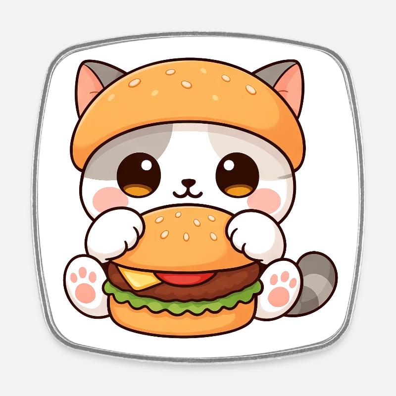 Mignon dessin animé chat burger amateur de restauration rapide - Magnet carré - blanc