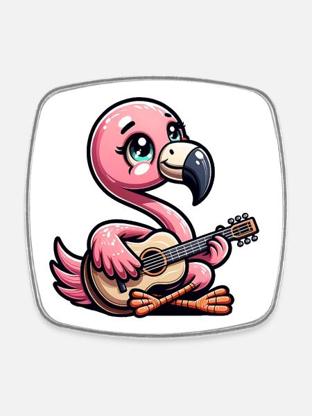 Flamant rose mignon jouant de la guitare acoustique - Magnet carré - blanc