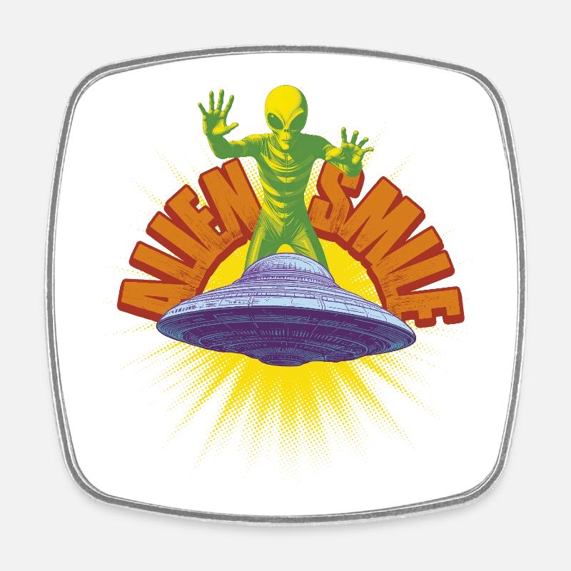Schiff und Retro Alien - Viereckiger Kühlschrankmagnet - Weiß