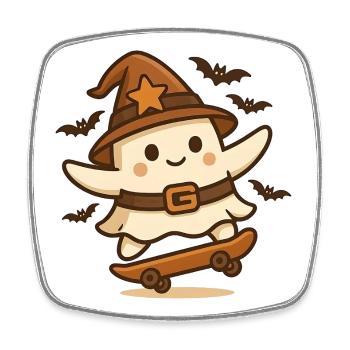 Skater‑Geist mit Hexenhut – Retro Halloween Shirt - Viereckiger Kühlschrankmagnet - Weiß - Vorne