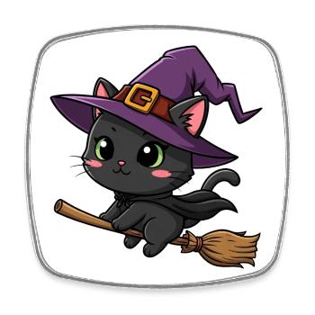 Cute Halloween Witch Cartoon Cat Broom October - Square fridge magnet - white - Front
