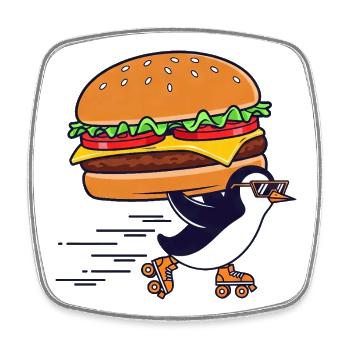Funny Penguin Cheeseburger Cool Roller Skates - Square fridge magnet - white - Front