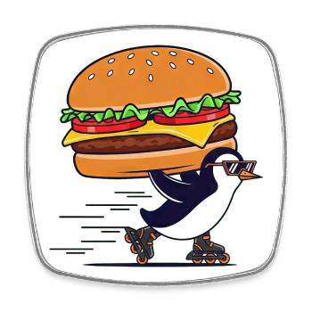 Un mignon pingouin dégustant un cheeseburger. - Magnet carré - blanc - Devant