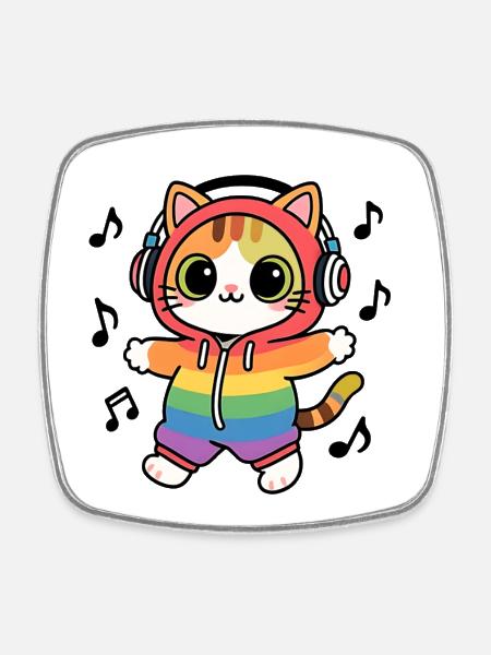 Chat arc en ciel DJ hoodie notes de musique - Magnet carré - blanc