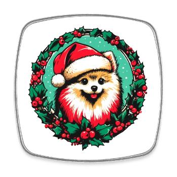 Weihnachtsmann Hündchen im Stechpalmenkranz - Viereckiger Kühlschrankmagnet - Weiß - Vorne