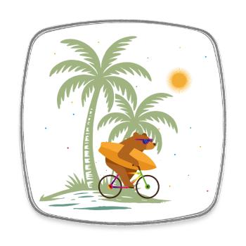 Bär mit Surfbrett auf Fahrrad unter Palmen - Viereckiger Kühlschrankmagnet - Weiß - Vorne