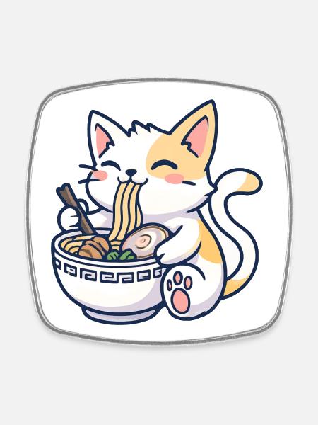 Kawaii Ramen Cat Joy - Magnet carré - blanc