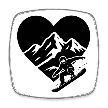 Snowboardeur avec un paysage montagneux au cœur en arrière-plan - Magnet carré - blanc - Devant