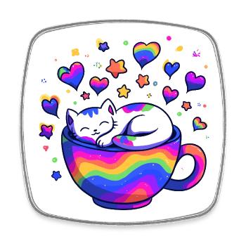 Regenbogenkatze im Becher - Viereckiger Kühlschrankmagnet - Weiß - Vorne