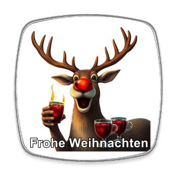 Reindeer with mulled wine Merry Christmas - Square fridge magnet - white - Front