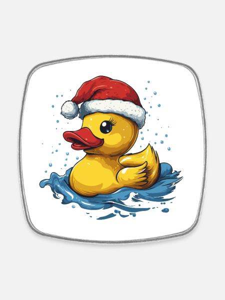 Mignon canard de Noël avec le Père Noël Chapeau - Magnet carré - blanc