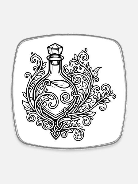 Fiole d'elixir et fleurs - Magnet carré - blanc