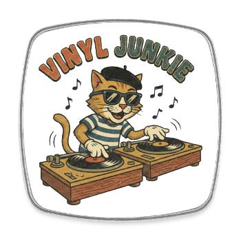 Vinyl Junkie – Retro Comic DJ Cat Vintage - Square fridge magnet - white - Front