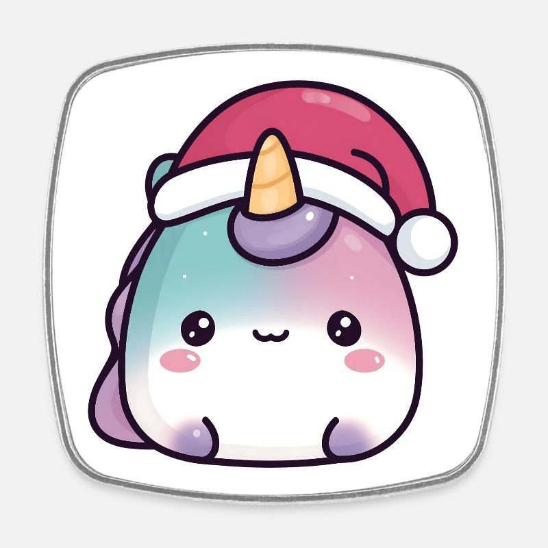 Round Kawaii Unicorn Christmas Squishy - Square fridge magnet - white