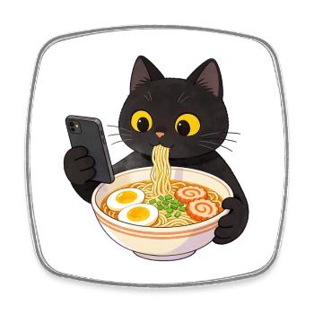Black cat with smartphone and ramen noodles - Square fridge magnet - white - Front