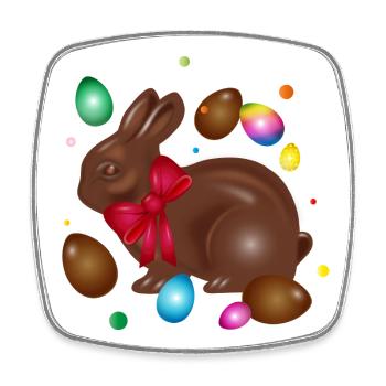 Lapin de Pâques en chocolat avec des œufs de Pâques colorés - Magnet carré - blanc - Devant